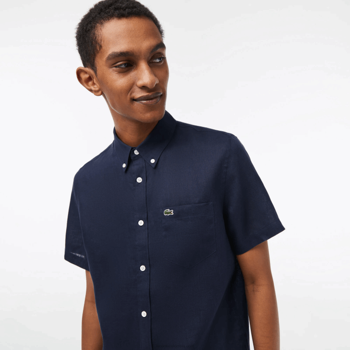 hombres Lacoste 6F24491 azul marino 166 camisa de lino de manga corta