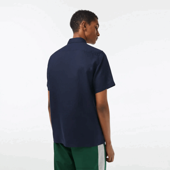 hombres Lacoste 6F24491 azul marino 166 camisa de lino de manga corta