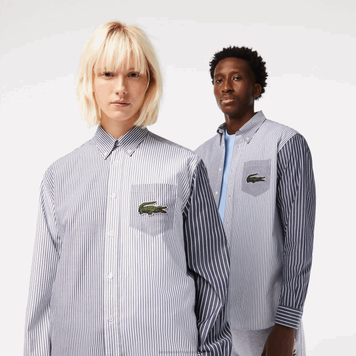 hombres Lacoste 6F24493 blanco azul marino 522 camisa de algodón con rayas de cocodrilo grande