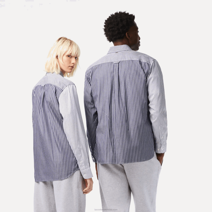 hombres Lacoste 6F24493 blanco azul marino 522 camisa de algodón con rayas de cocodrilo grande