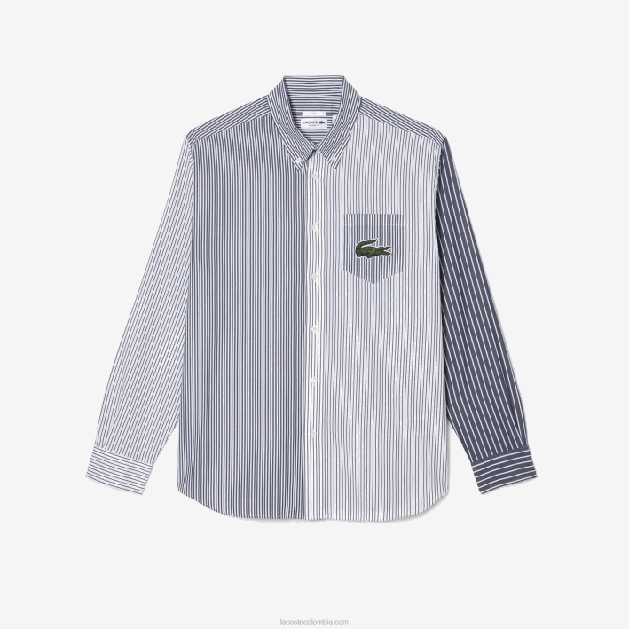 hombres Lacoste 6F24493 blanco azul marino 522 camisa de algodón con rayas de cocodrilo grande