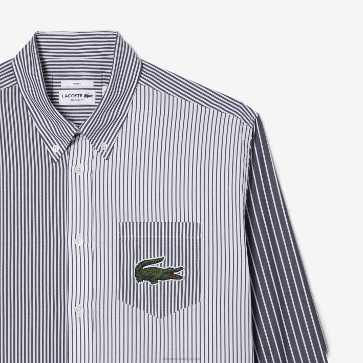 hombres Lacoste 6F24493 blanco azul marino 522 camisa de algodón con rayas de cocodrilo grande