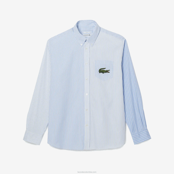 hombres Lacoste 6F24494 blanco azul f6z camisa de algodón con rayas de cocodrilo grande