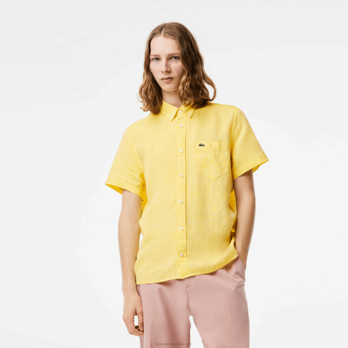 hombres Lacoste 6F24496 amarillo 107 camisa de lino de manga corta