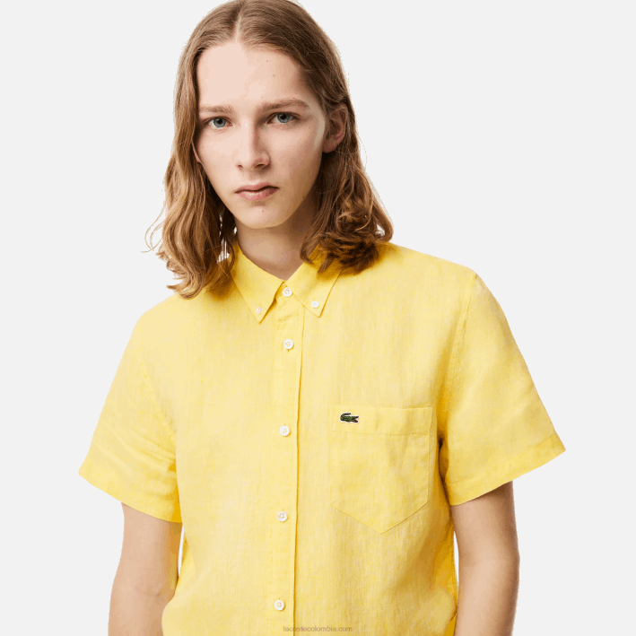 hombres Lacoste 6F24496 amarillo 107 camisa de lino de manga corta