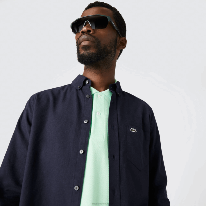 hombres Lacoste 6F24507 azul marino 423 camisa de algodón oxford con cuello abotonado