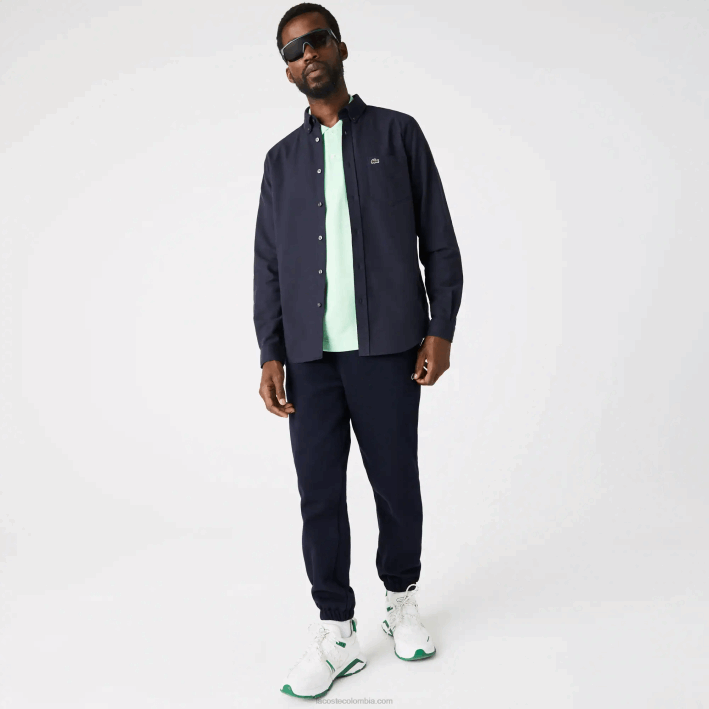 hombres Lacoste 6F24507 azul marino 423 camisa de algodón oxford con cuello abotonado