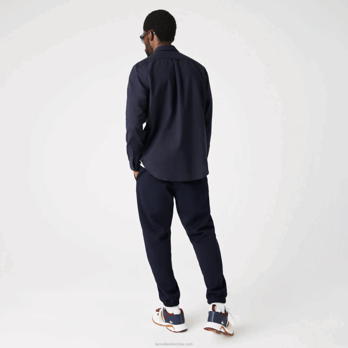 hombres Lacoste 6F24507 azul marino 423 camisa de algodón oxford con cuello abotonado