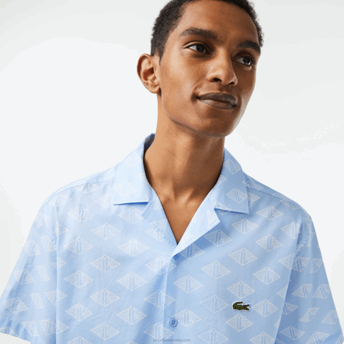 hombres Lacoste 6F24508 azul blanco fv2 camisa de manga corta con monograma estampado