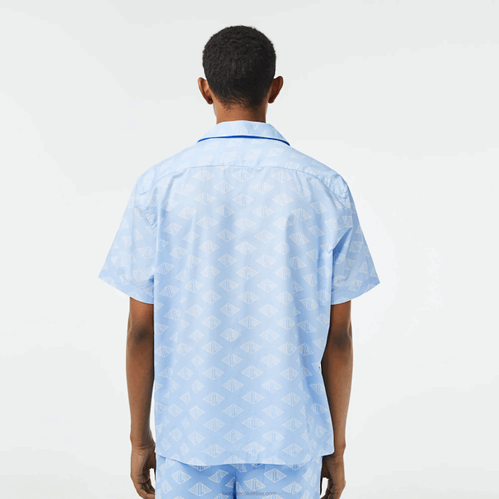 hombres Lacoste 6F24508 azul blanco fv2 camisa de manga corta con monograma estampado