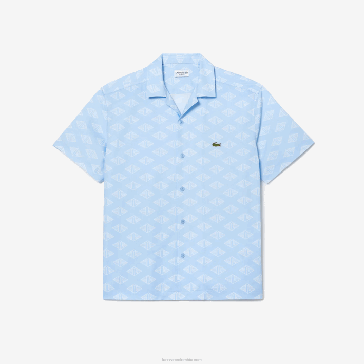 hombres Lacoste 6F24508 azul blanco fv2 camisa de manga corta con monograma estampado