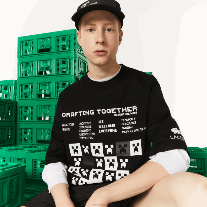 hombres6F24852 negro 031 camiseta de corte holgado de algodón orgánico lacoste x minecraft