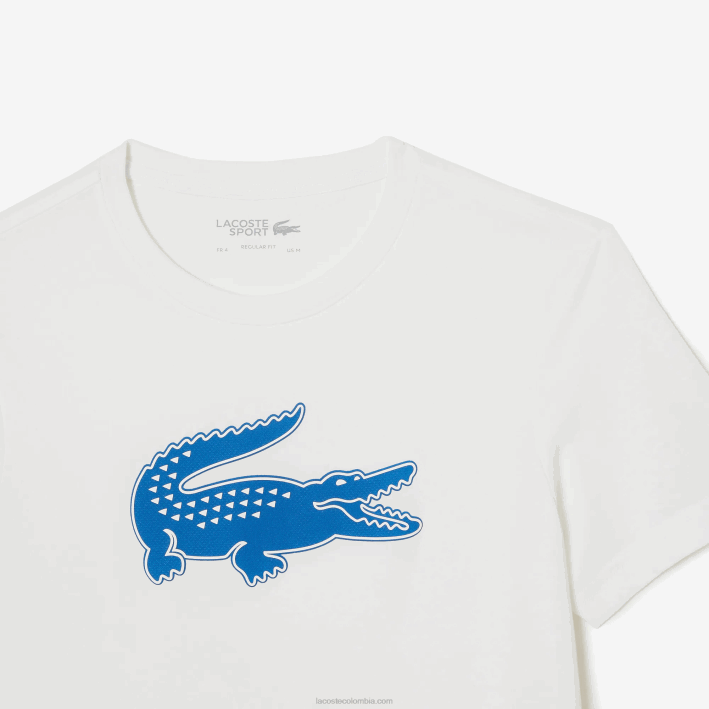 hombres Lacoste 6F24122 blanco azul cualquiera Camiseta deportiva de punto transpirable con estampado de cocodrilo en 3D