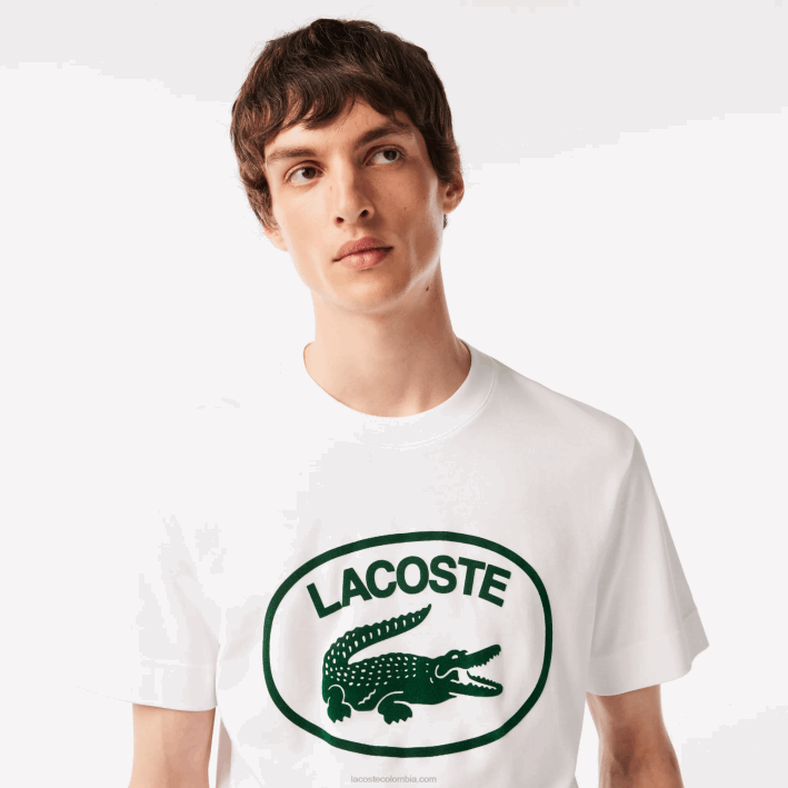 hombres Lacoste 6F24132 blanco verde 737 camiseta de algodón con logo tono sobre tono