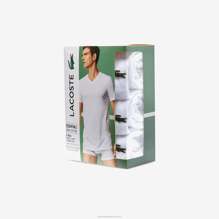 hombres Lacoste 6F241335 blanco 001 Pack de 3 camisetas de salón de algodón con cuello de pico