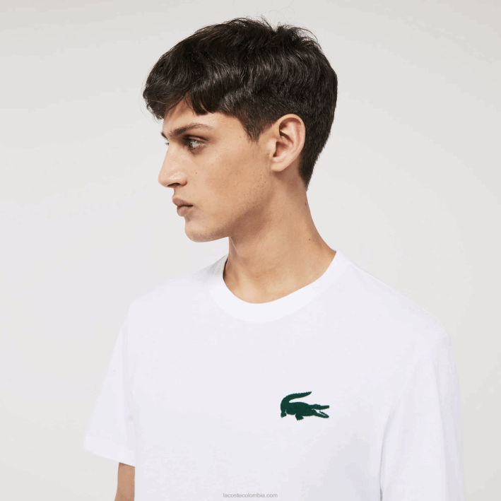 hombres Lacoste 6F241343 blanco verde 7wj camiseta de salón de algodón con cuello redondo y cocodrilo aterciopelado