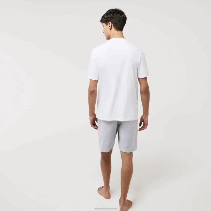 hombres Lacoste 6F241343 blanco verde 7wj camiseta de salón de algodón con cuello redondo y cocodrilo aterciopelado