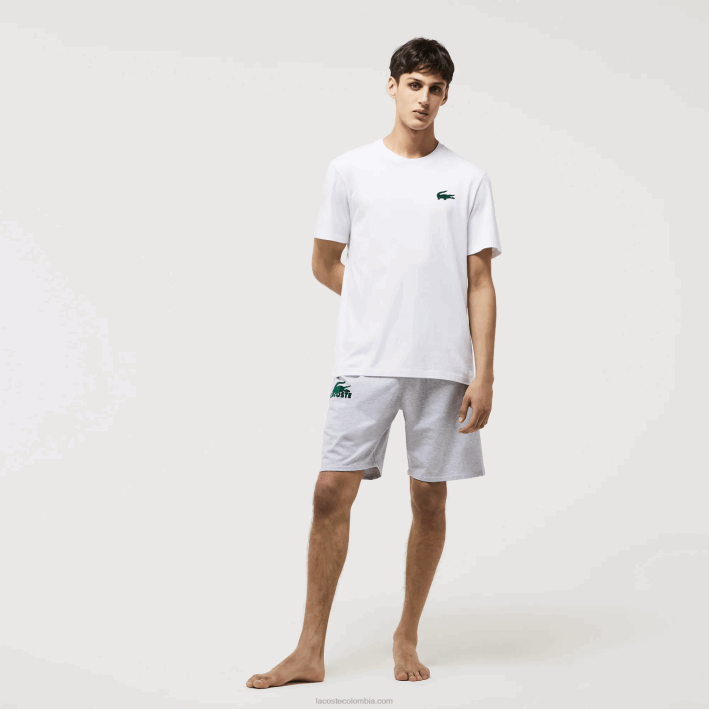 hombres Lacoste 6F241343 blanco verde 7wj camiseta de salón de algodón con cuello redondo y cocodrilo aterciopelado