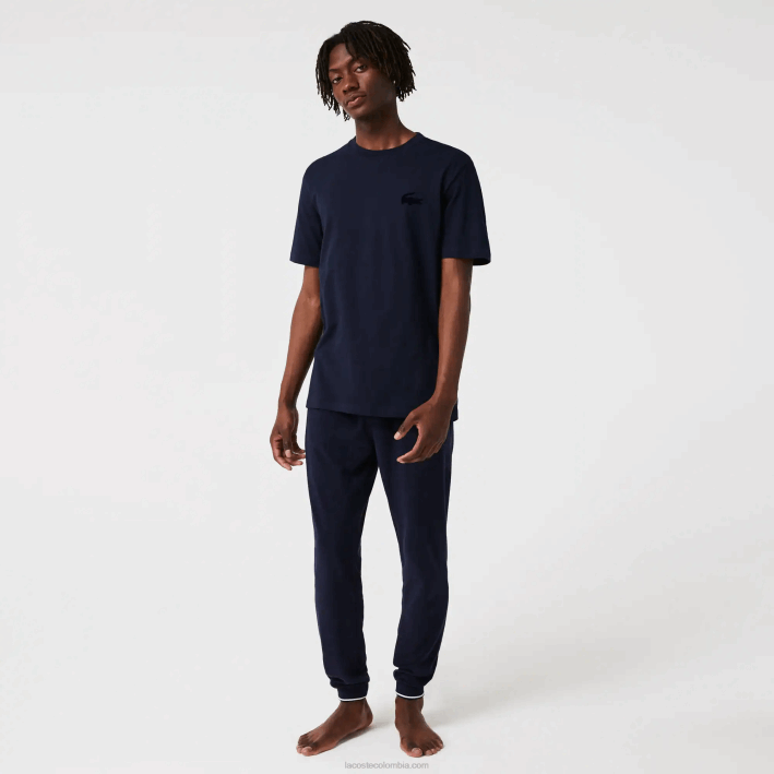 hombres Lacoste 6F241344 azul marino 166 camiseta de salón de algodón con cuello redondo y cocodrilo aterciopelado