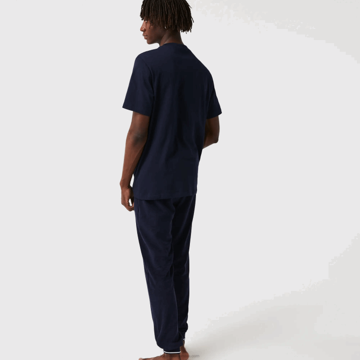 hombres Lacoste 6F241344 azul marino 166 camiseta de salón de algodón con cuello redondo y cocodrilo aterciopelado