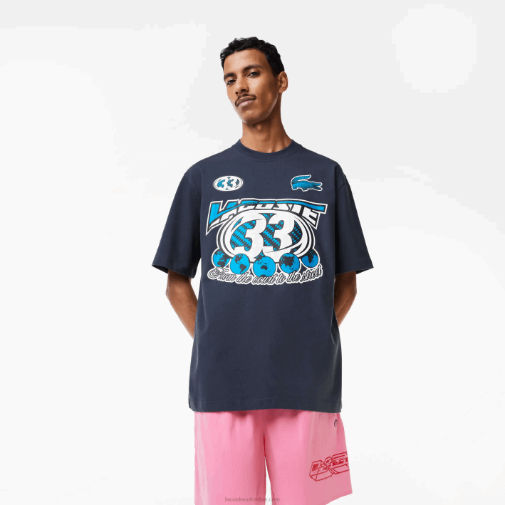 hombres Lacoste 6F24146 kxe azul playera holgada con estampado de jersey de algodón