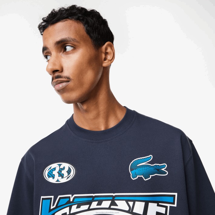 hombres Lacoste 6F24146 kxe azul playera holgada con estampado de jersey de algodón