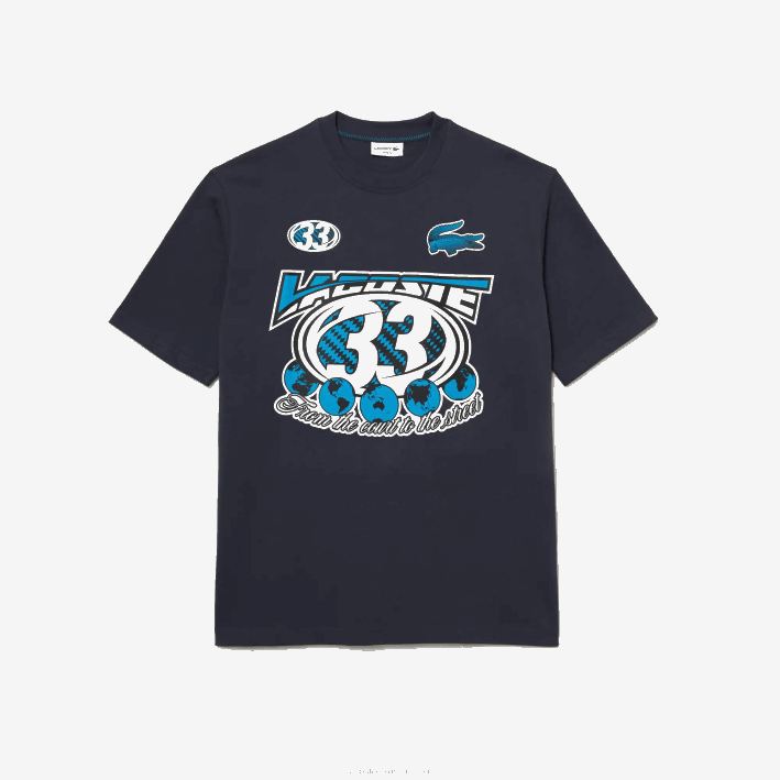 hombres Lacoste 6F24146 kxe azul playera holgada con estampado de jersey de algodón
