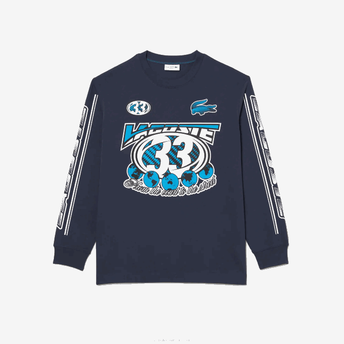 hombres Lacoste 6F24148 xie azul camiseta holgada de manga larga estampada