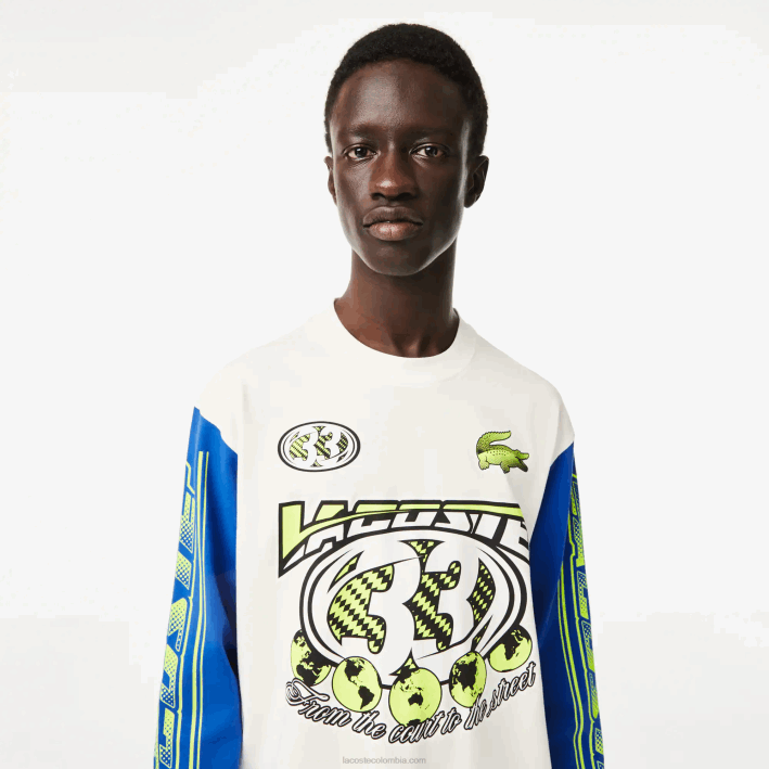 hombres Lacoste 6F24149 blanco azul zil camiseta holgada de manga larga estampada