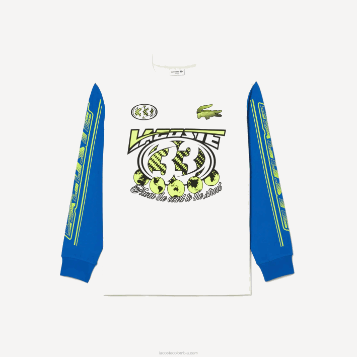 hombres Lacoste 6F24149 blanco azul zil camiseta holgada de manga larga estampada