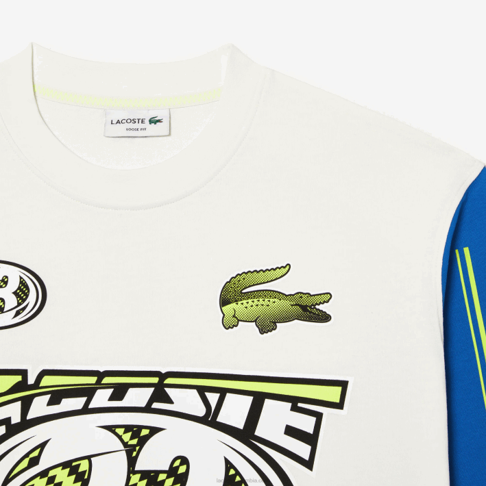 hombres Lacoste 6F24149 blanco azul zil camiseta holgada de manga larga estampada