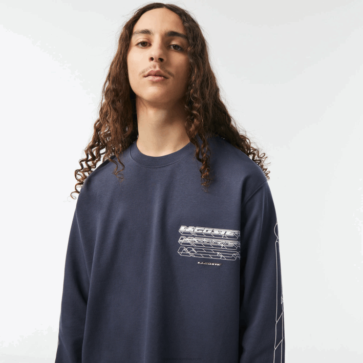 hombres Lacoste 6F24176 kxe azul camiseta holgada de manga larga de jersey de algodón