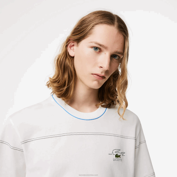 hombres Lacoste 6F24182 blanco 70v playera a rayas de jersey de algodón orgánico