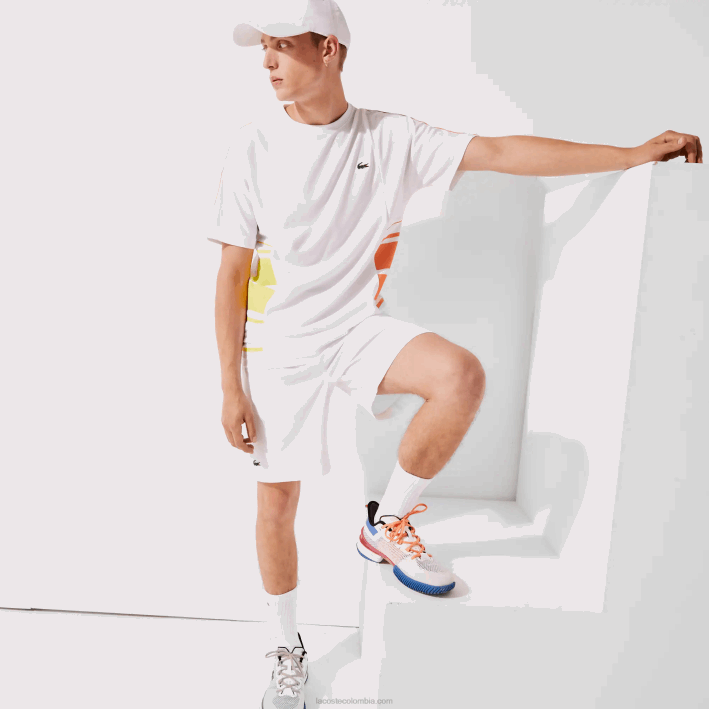 hombres Lacoste 6F241922 blanco amarillo naranja d0v playera de piqué con cuello redondo y bandas gráficas deportivas hombres Lacoste 6F241922 blanco amarillo naranja d0v playera de piqué con cuello redondo y bandas gráficas deportivas