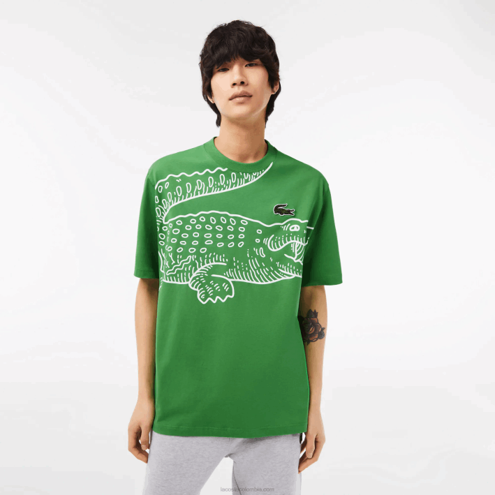 hombres Lacoste 6F24256 verde l94 camiseta holgada con cuello redondo y estampado de cocodrilo
