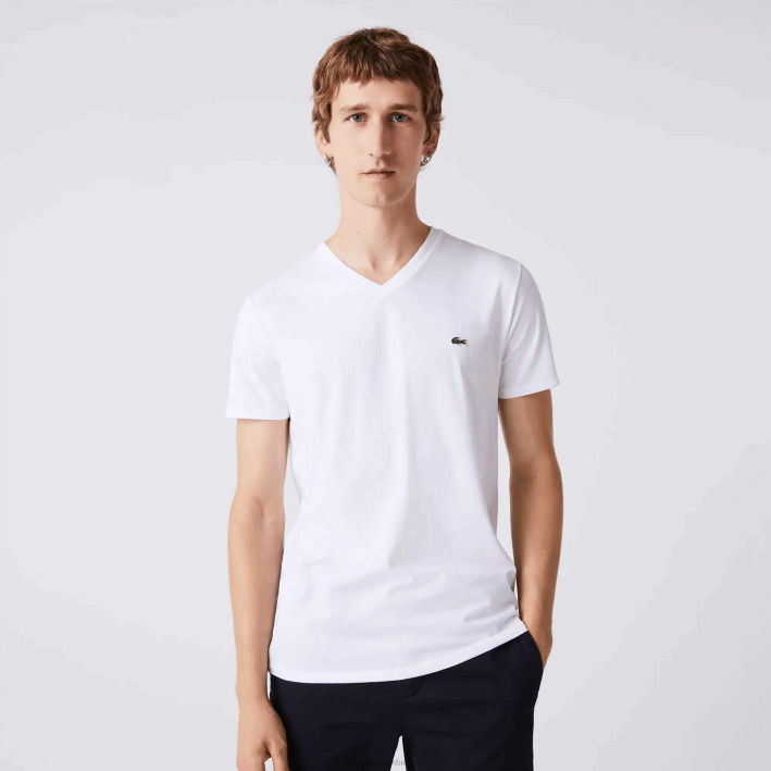 hombres Lacoste 6F2440 blanco 001 playera de punto de algodón pima con cuello en V