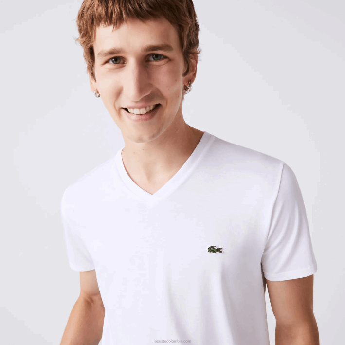 hombres Lacoste 6F2440 blanco 001 playera de punto de algodón pima con cuello en V