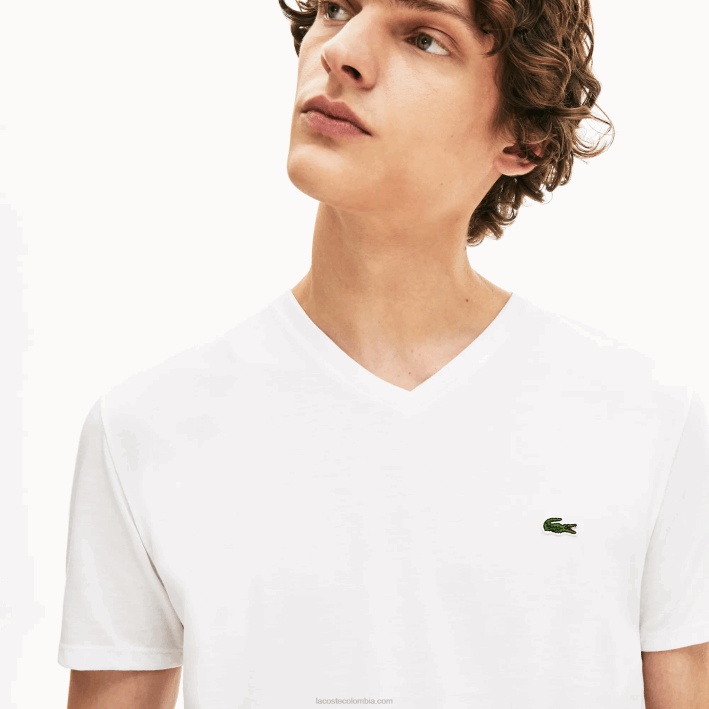 hombres Lacoste 6F2440 blanco 001 playera de punto de algodón pima con cuello en V