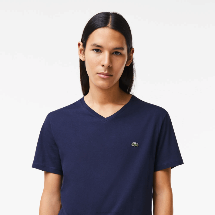 hombres Lacoste 6F2442 azul marino 166 playera de punto de algodón pima con cuello en V