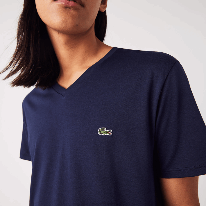 hombres Lacoste 6F2442 azul marino 166 playera de punto de algodón pima con cuello en V