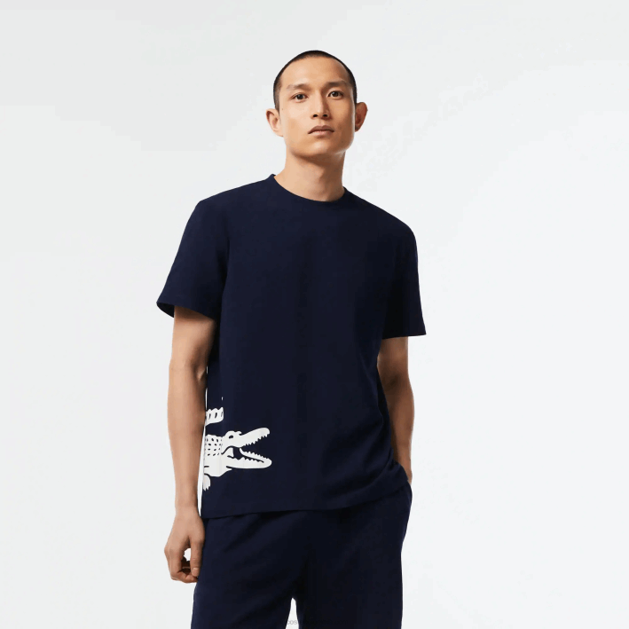 hombres Lacoste 6F24495 azul marino blanco 525 playera con estampado en contraste