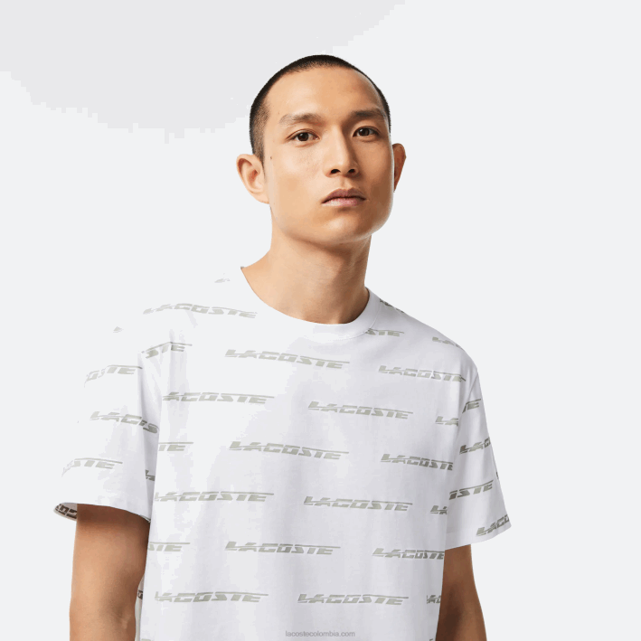 hombres Lacoste 6F24502 blanco caqui verde gy8 camiseta de punto de algodón con logo estampado