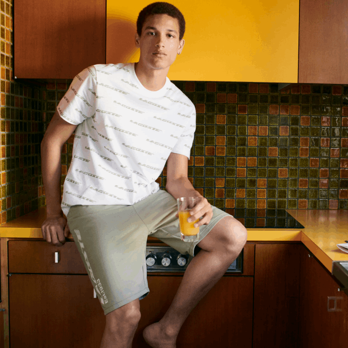 hombres Lacoste 6F24502 blanco caqui verde gy8 camiseta de punto de algodón con logo estampado