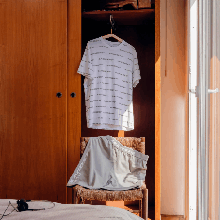 hombres Lacoste 6F24502 blanco caqui verde gy8 camiseta de punto de algodón con logo estampado