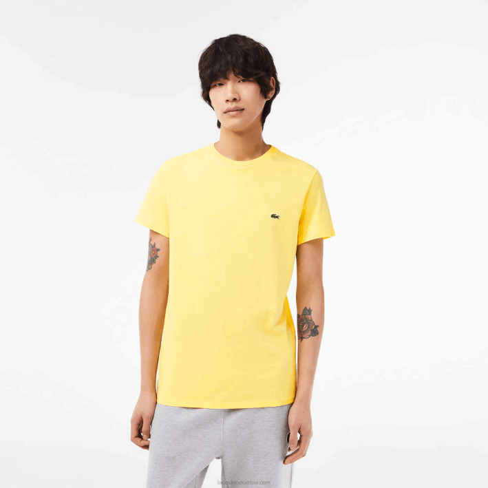 hombres Lacoste 6F2455 amarillo 107 camiseta de punto de algodón pima con cuello redondo