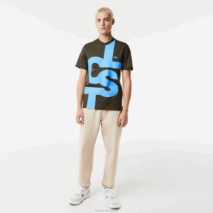 hombres Lacoste 6F24567 verde caqui s7t camiseta regular fit de algodón con letras en contraste