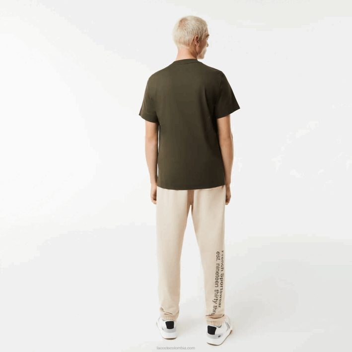 hombres Lacoste 6F24567 verde caqui s7t camiseta regular fit de algodón con letras en contraste