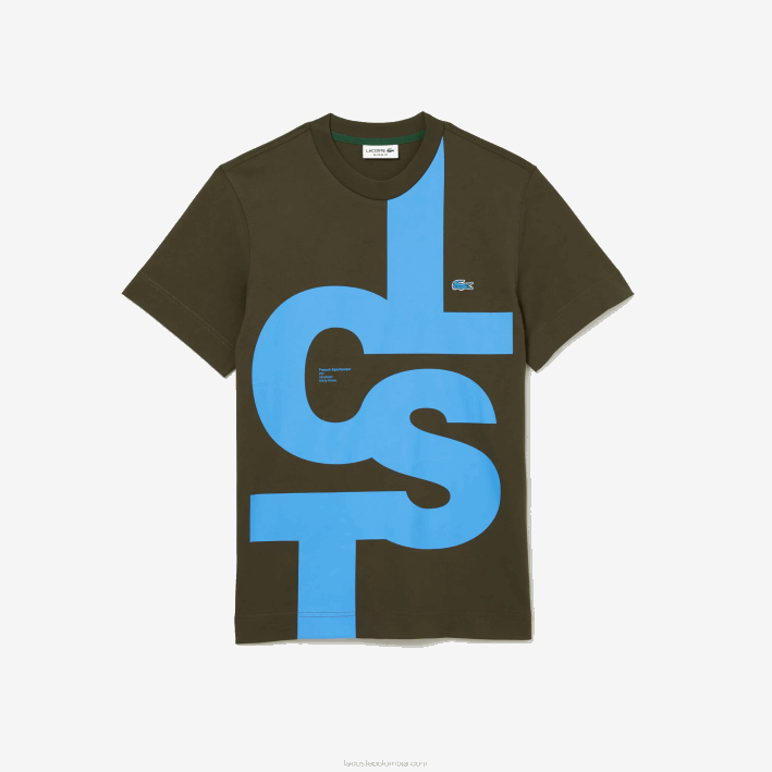 hombres Lacoste 6F24567 verde caqui s7t camiseta regular fit de algodón con letras en contraste