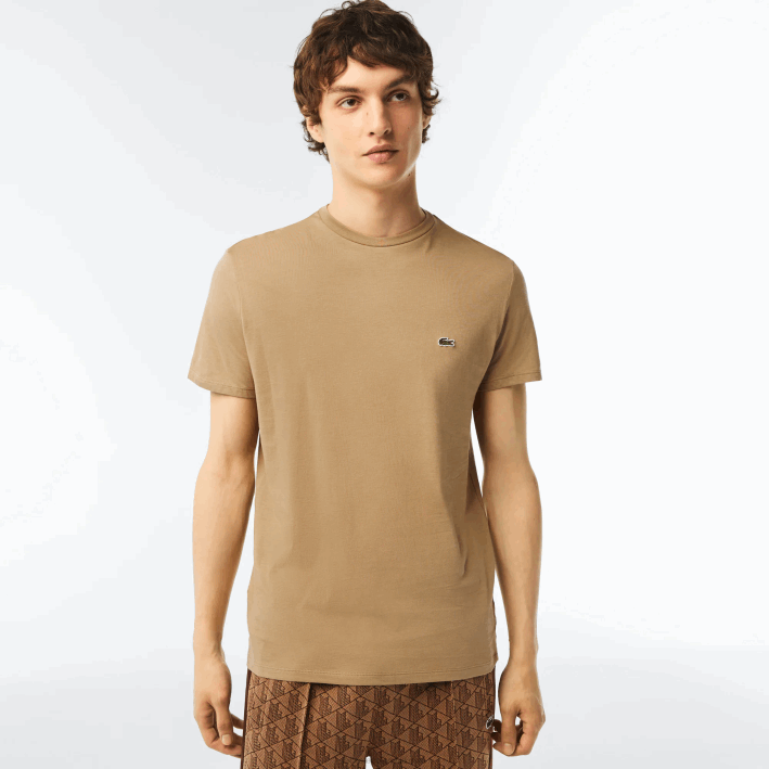 hombres Lacoste 6F2457 beige cb8 camiseta de punto de algodón pima con cuello redondo
