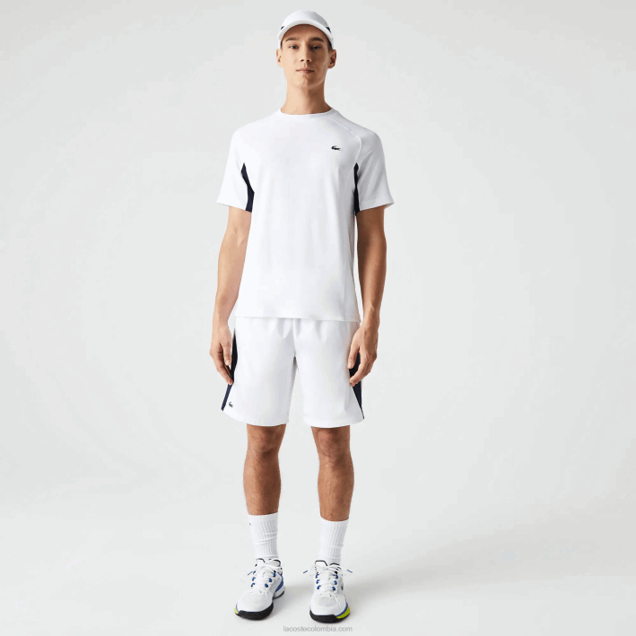 hombres Lacoste 6F24583 blanco azul marino blanco y2u playera de tenis sport color-block ultra-dry piqué